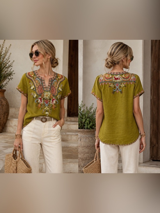 Johnny Was Tops - JOHNNY WAS Workshop Tikal Notched Neck Drape Embroidered Top EUC